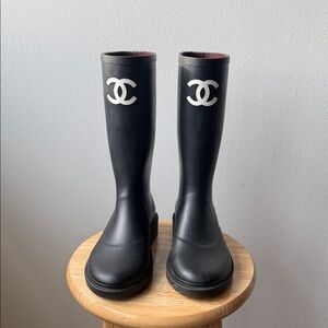 CHANEL Black Tall Rain Boots with White CC Logos